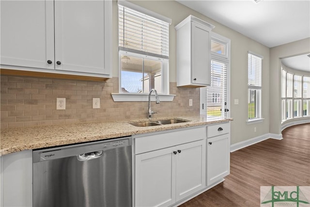 kitchen featuring a sink, dark wood-type flooring, white cabinets, dishwasher, and tasteful backsplash