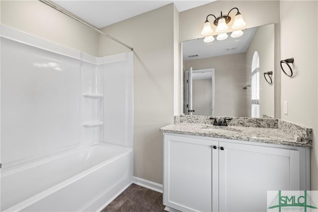 bathroom with visible vents, vanity, shower / bathtub combination, and baseboards