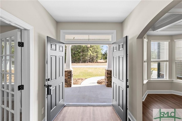 foyer entrance with plenty of natural light, baseboards, and wood finished floors