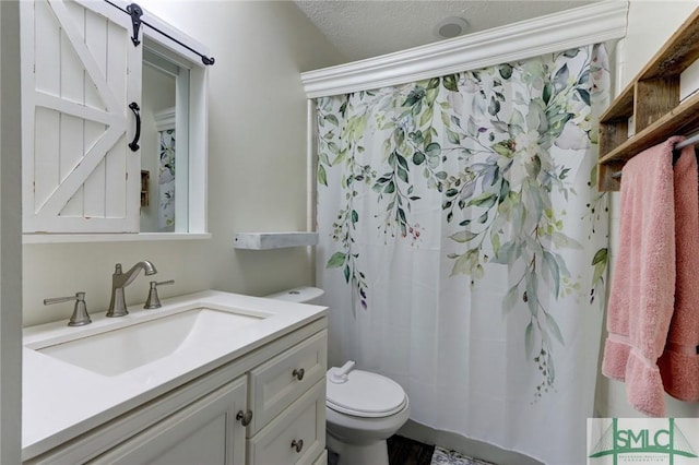 bathroom featuring vanity, a textured ceiling, and toilet