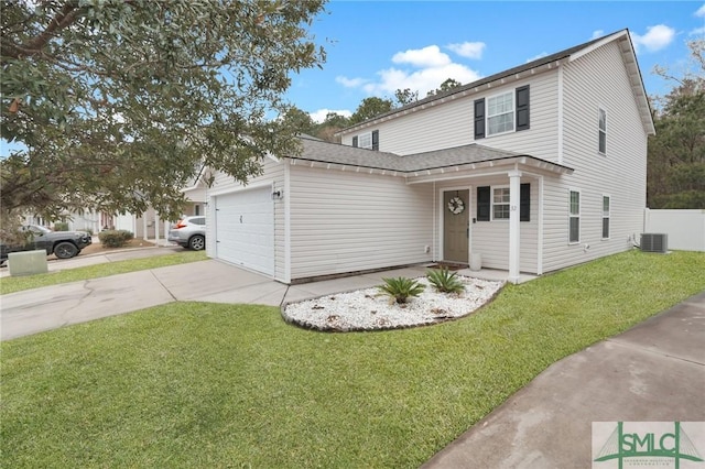 front facade featuring cooling unit, a front yard, and a garage