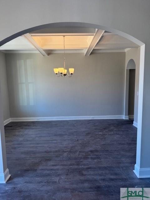 unfurnished dining area with beam ceiling, a notable chandelier, and dark hardwood / wood-style flooring