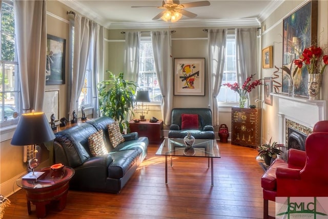 living area featuring crown molding, a fireplace, ceiling fan, and wood-type flooring