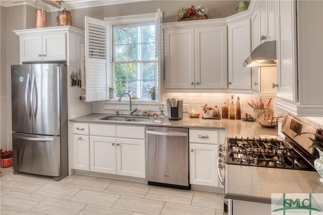 kitchen featuring decorative backsplash, sink, white cabinets, and stainless steel appliances