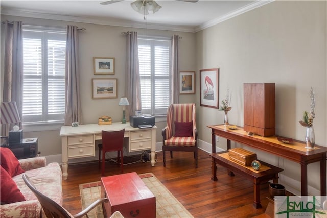 office space with crown molding, ceiling fan, and dark hardwood / wood-style floors