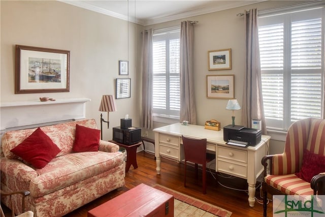 office space with hardwood / wood-style flooring and crown molding