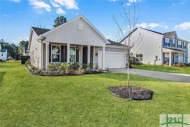 view of front of home with cooling unit, a front lawn, and a garage