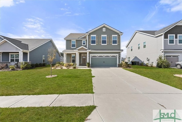 craftsman-style house with driveway, an attached garage, a residential view, and a front lawn