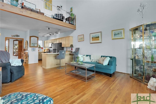 living room featuring light wood-type flooring and a high ceiling