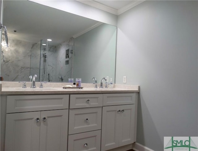 bathroom featuring vanity, an enclosed shower, and crown molding