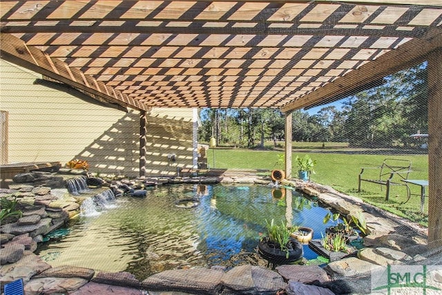 exterior space with a pergola and a small pond