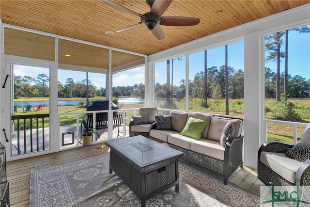 sunroom / solarium featuring ceiling fan, a water view, and wooden ceiling