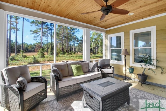 sunroom with a wealth of natural light, ceiling fan, and wood ceiling