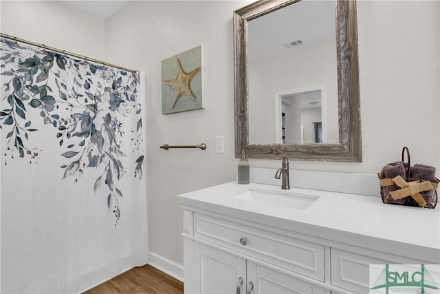 bathroom featuring hardwood / wood-style flooring and vanity