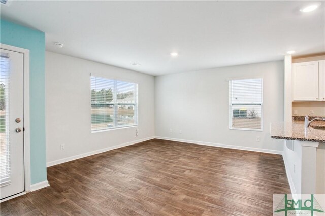 unfurnished living room with sink and dark hardwood / wood-style floors