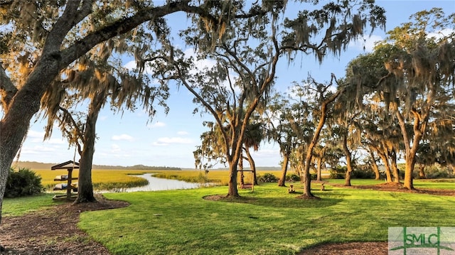 view of community featuring a lawn and a water view