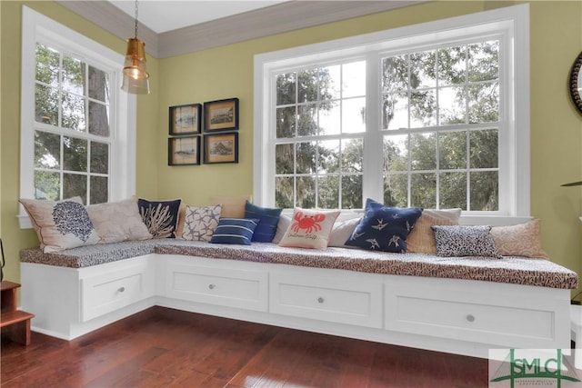 living area with plenty of natural light, dark hardwood / wood-style flooring, and ornamental molding