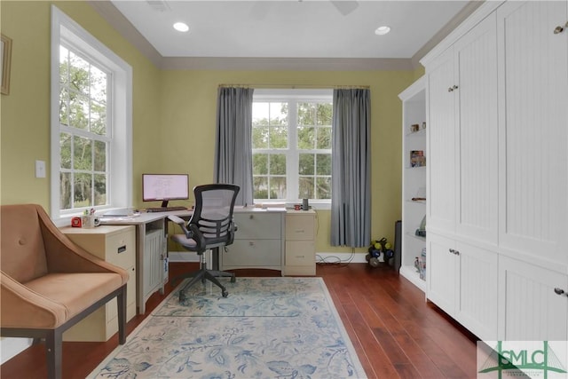 office area with dark hardwood / wood-style floors