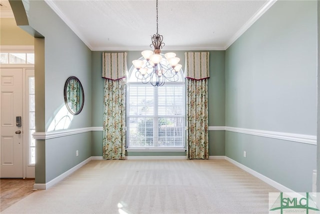 unfurnished dining area featuring ornamental molding, light colored carpet, a wealth of natural light, and a chandelier