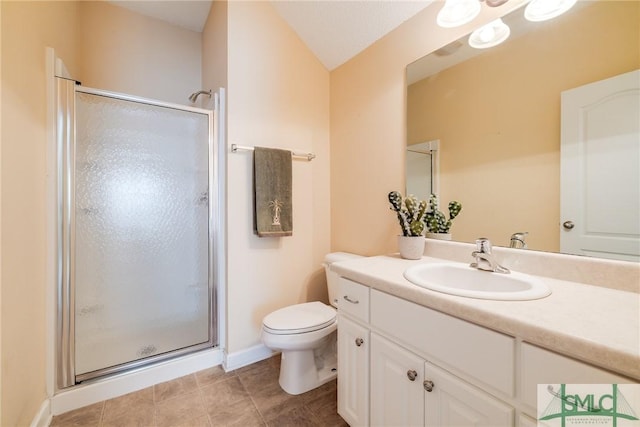 bathroom featuring toilet, an enclosed shower, and vanity