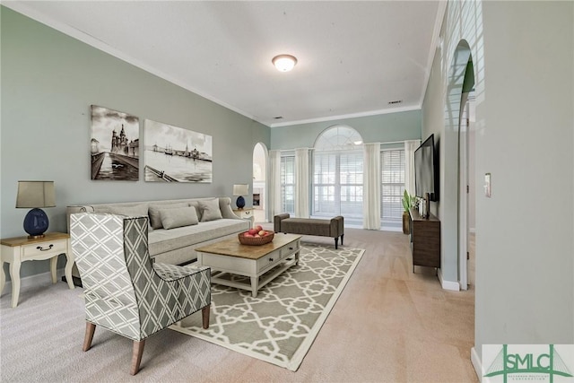 carpeted living room featuring crown molding