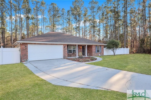 single story home featuring a front yard and a garage