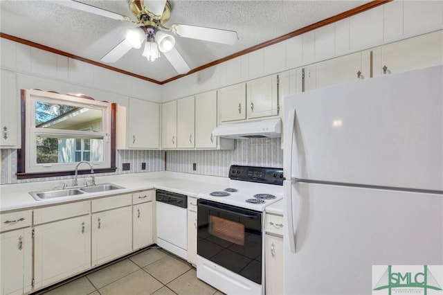 kitchen featuring sink, white cabinets, white appliances, ceiling fan, and crown molding