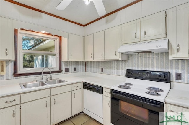 kitchen featuring white cabinets, dishwasher, ceiling fan, range with electric stovetop, and sink