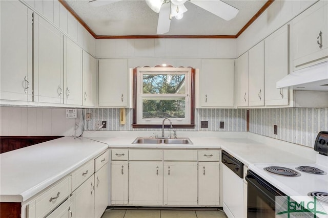 kitchen featuring sink, electric range oven, dishwasher, and white cabinetry