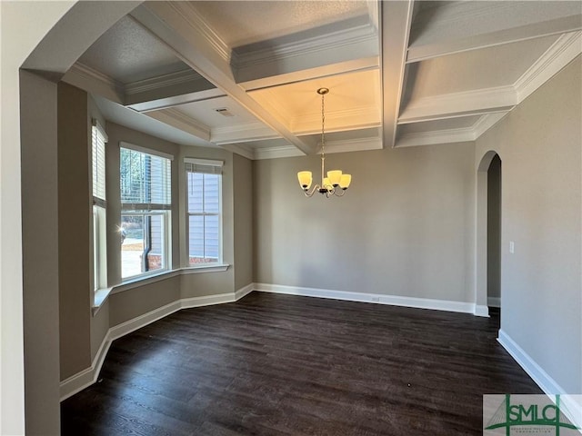 unfurnished dining area featuring coffered ceiling, an inviting chandelier, beamed ceiling, and dark wood-type flooring