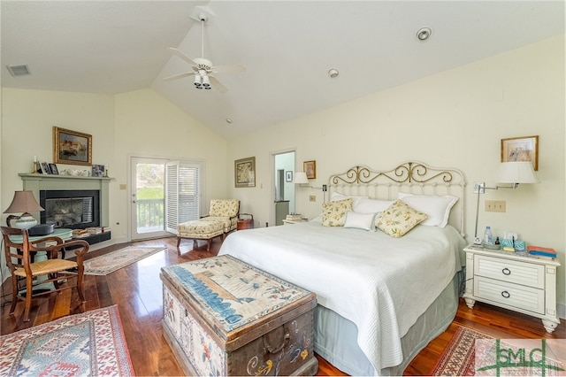 bedroom with access to outside, high vaulted ceiling, ceiling fan, and dark hardwood / wood-style flooring