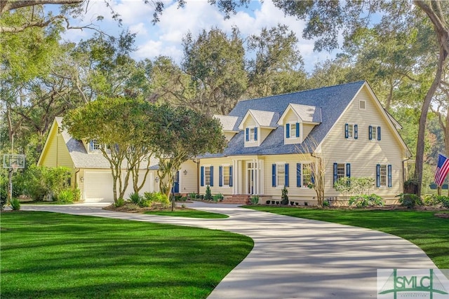 cape cod house with a front lawn and a garage