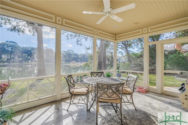 sunroom featuring ceiling fan and a water view