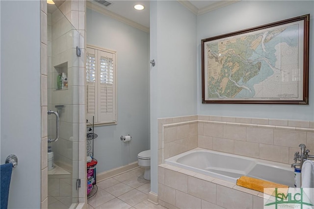 bathroom featuring toilet, shower with separate bathtub, tile patterned flooring, and ornamental molding