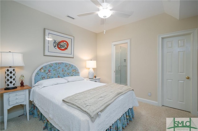 bedroom with lofted ceiling, ceiling fan, and light carpet