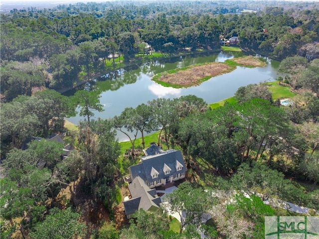 birds eye view of property featuring a water view