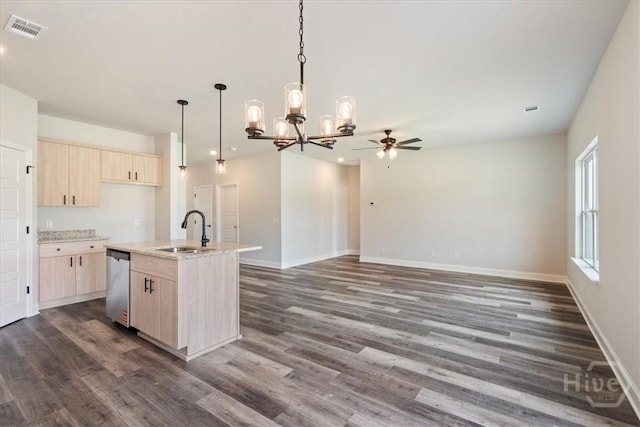 304 Timberlake Dr, Rincon, GA 31312 - kitchen with a sink, dishwasher, light brown cabinetry, a chandelier, and dark wood finished floors