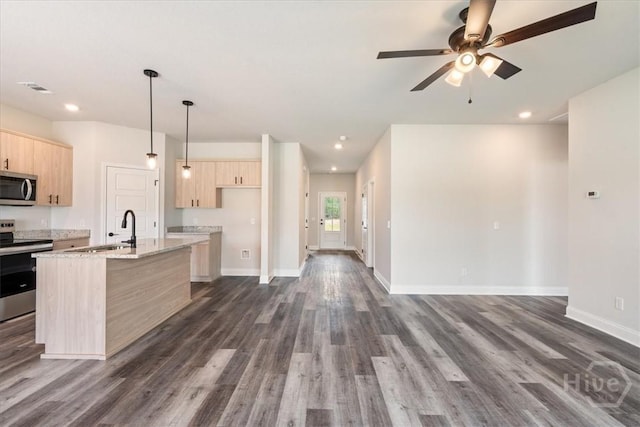 304 Timberlake Dr, Rincon, GA 31312 - kitchen featuring appliances with stainless steel finishes, light brown cabinets, a sink, dark wood-style floors, and recessed lighting