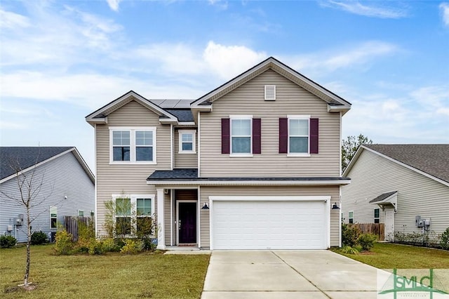 front of property with solar panels, a front lawn, and a garage