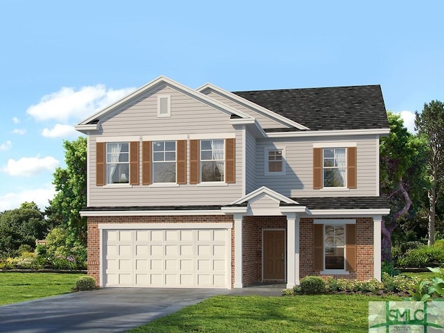 view of front of property with a front lawn and a garage