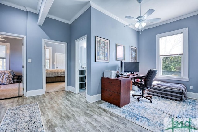 office area with ceiling fan, light hardwood / wood-style flooring, and ornamental molding