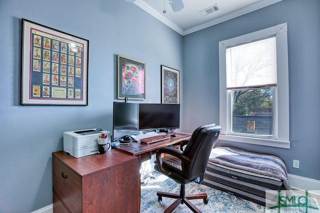 office area with ceiling fan and crown molding