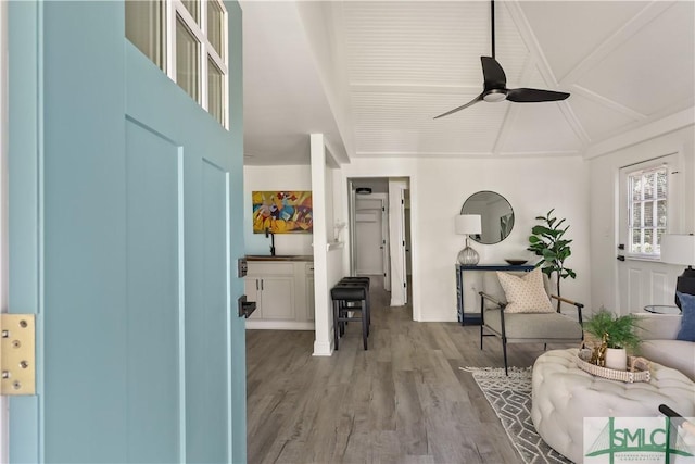 living room with ceiling fan and wood-type flooring