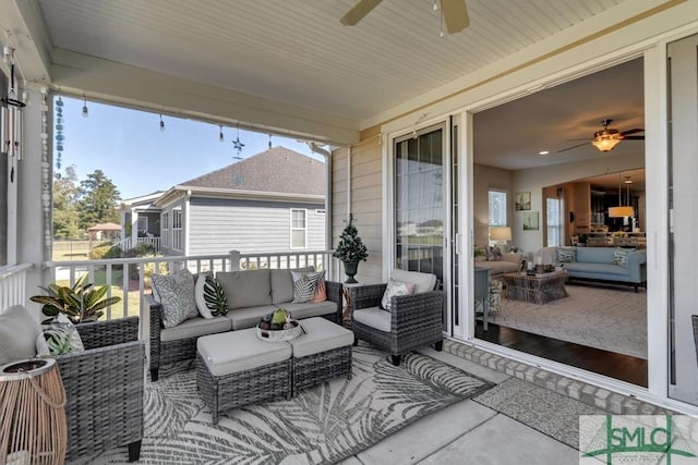 view of patio with ceiling fan and an outdoor hangout area