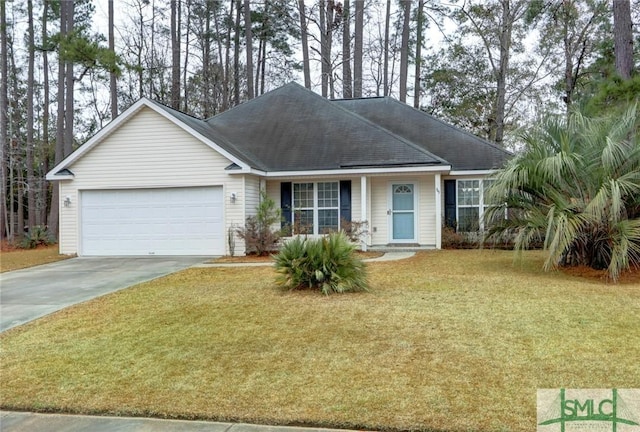 ranch-style home with a front lawn and a garage