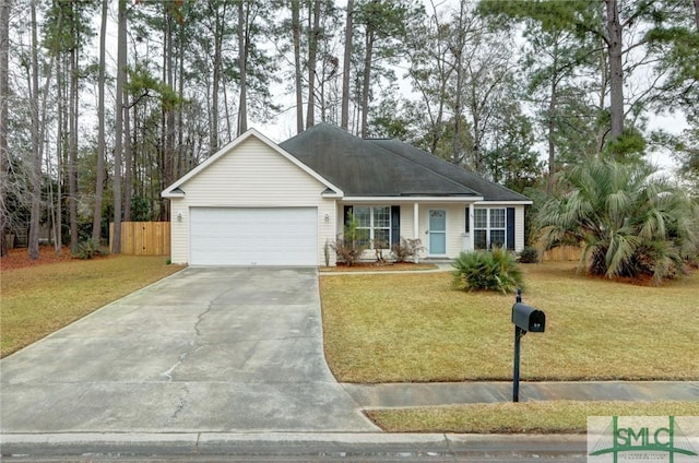 single story home featuring a front yard and a garage