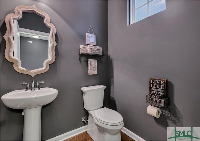 bathroom with toilet, sink, and hardwood / wood-style floors