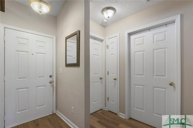 foyer entrance featuring a textured ceiling and wood-type flooring