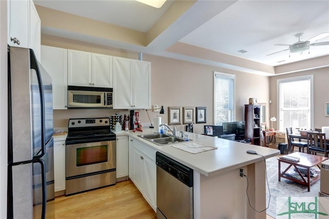 kitchen with sink, stainless steel appliances, white cabinets, and kitchen peninsula