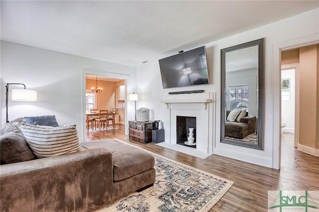 living room featuring a notable chandelier, a wealth of natural light, a fireplace, and wood-type flooring